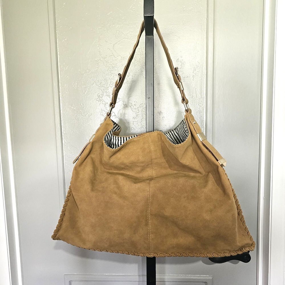JustFab Tan Faux Suede Hobo Shoulder Bag Boho Striped Lining
